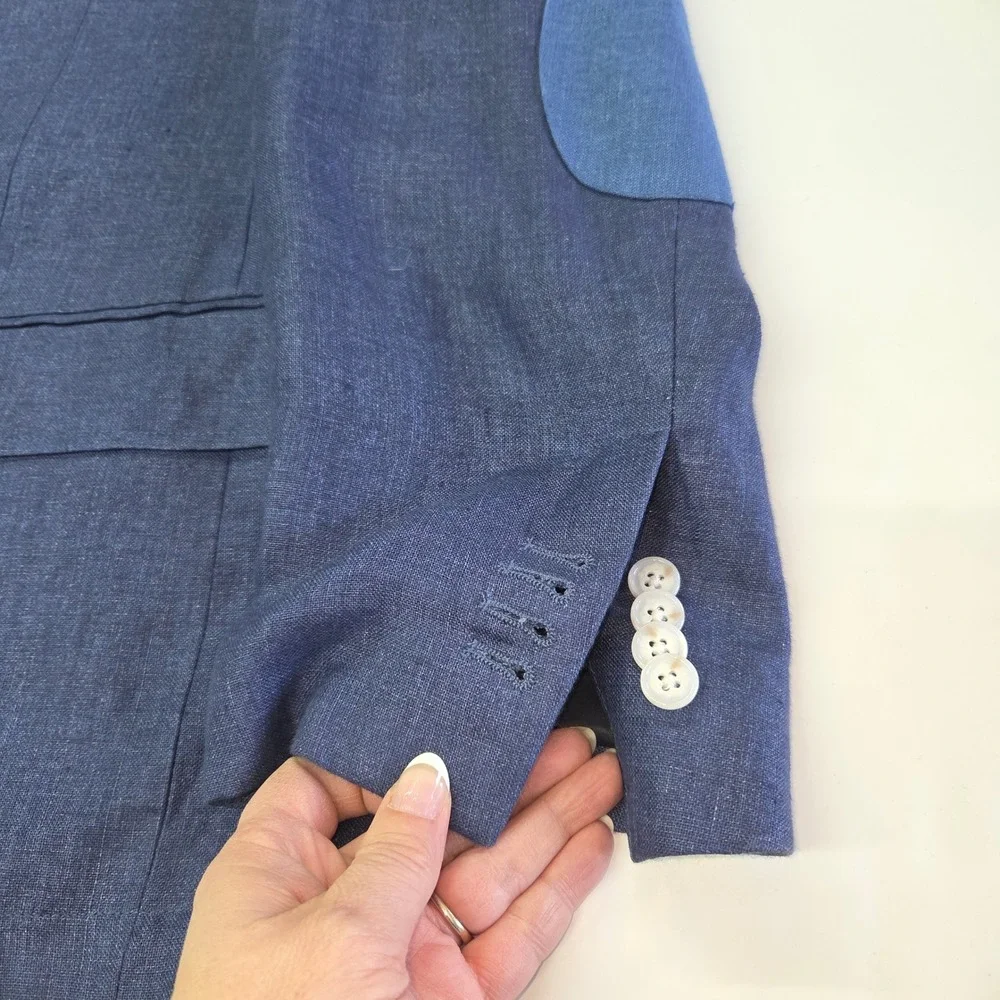 Cremieux Classics Blazer Mens Large Blue Linen Elbow‎ Patches Sport Coat Preppy